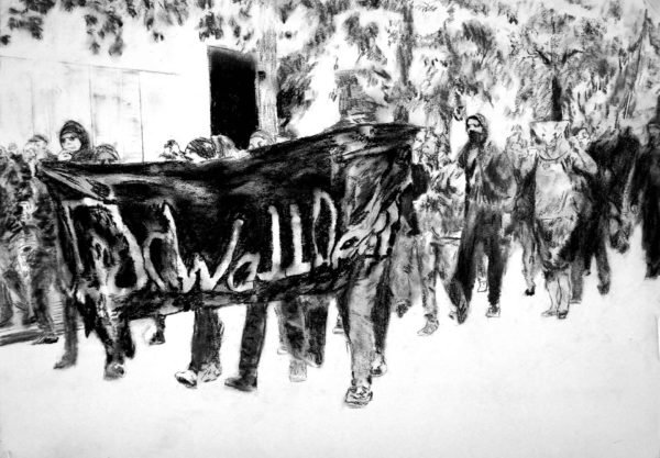 Black Bloc Protests. May Day. Berlin. Charcoal on Paper, 42 x 59.4cm., 16.5 x 23 in.