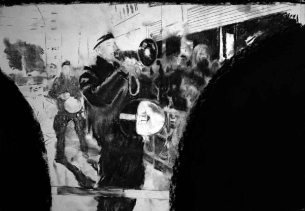 May Day Protests. Berlin. Charcoal on Paper, 42 x 59.4cm., 16.5 x 23 in.