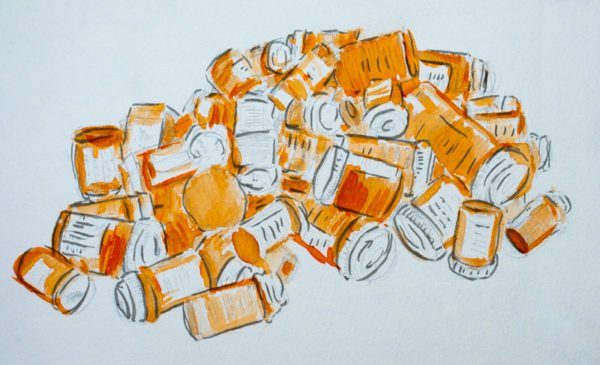 Sketch, "Pill Bottles," Watercolor on Paper.