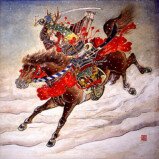 Minamoto no Yoshihira (源 義平) (1140–1160) was a Minamoto clan warrior who fought alongside his father, Minamoto no Yoshitomo, in the Heiji Rebellion. His mother was the daughter of Miura no Yoshiaki, thus indicating the close ties between the two families. His brothers were Minamoto no Yoshitsune, Noriyori and Yoritomo. He married the daughter of Minamoto no Yoshishige. In 1155, Yoshihira killed his uncle, Minamoto no Yoshikata, the father of Minamoto no Yoshinaka. Then, in 1159, Yoshihira was sent to Kyoto to fight in the Heiji Rebellion. The Taira offered to make a peace agreement, but the Minamoto refused, and were soon defeated. Although Yoshihira fled the battle, he was soon captured and decapitated by Taira no Kiyomori, the head of the enemy faction. (wiki)